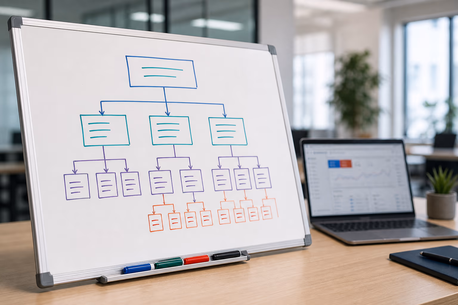 Whiteboard with campaign structure diagram and Google Ads on laptop