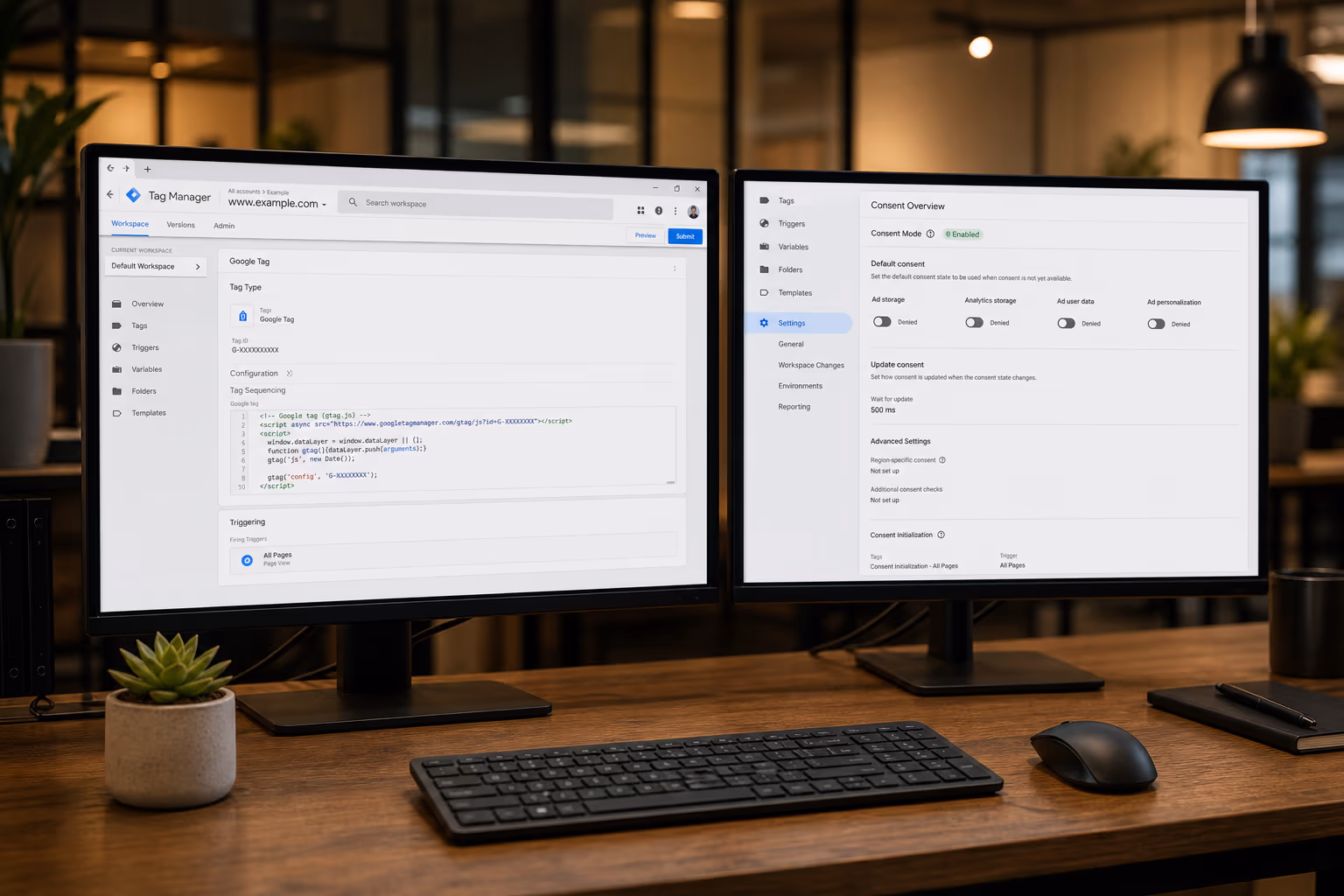 Developer workspace with dual monitors showing GTM consent configuration