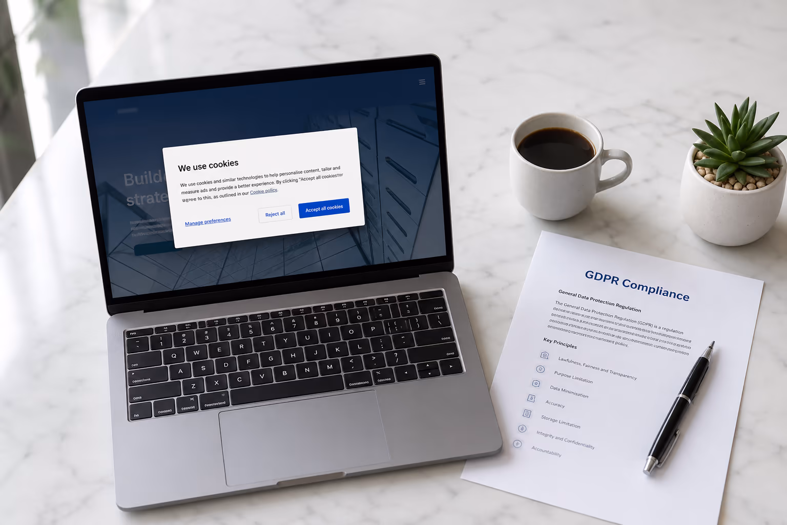 Laptop showing cookie consent popup with GDPR document on marble desk