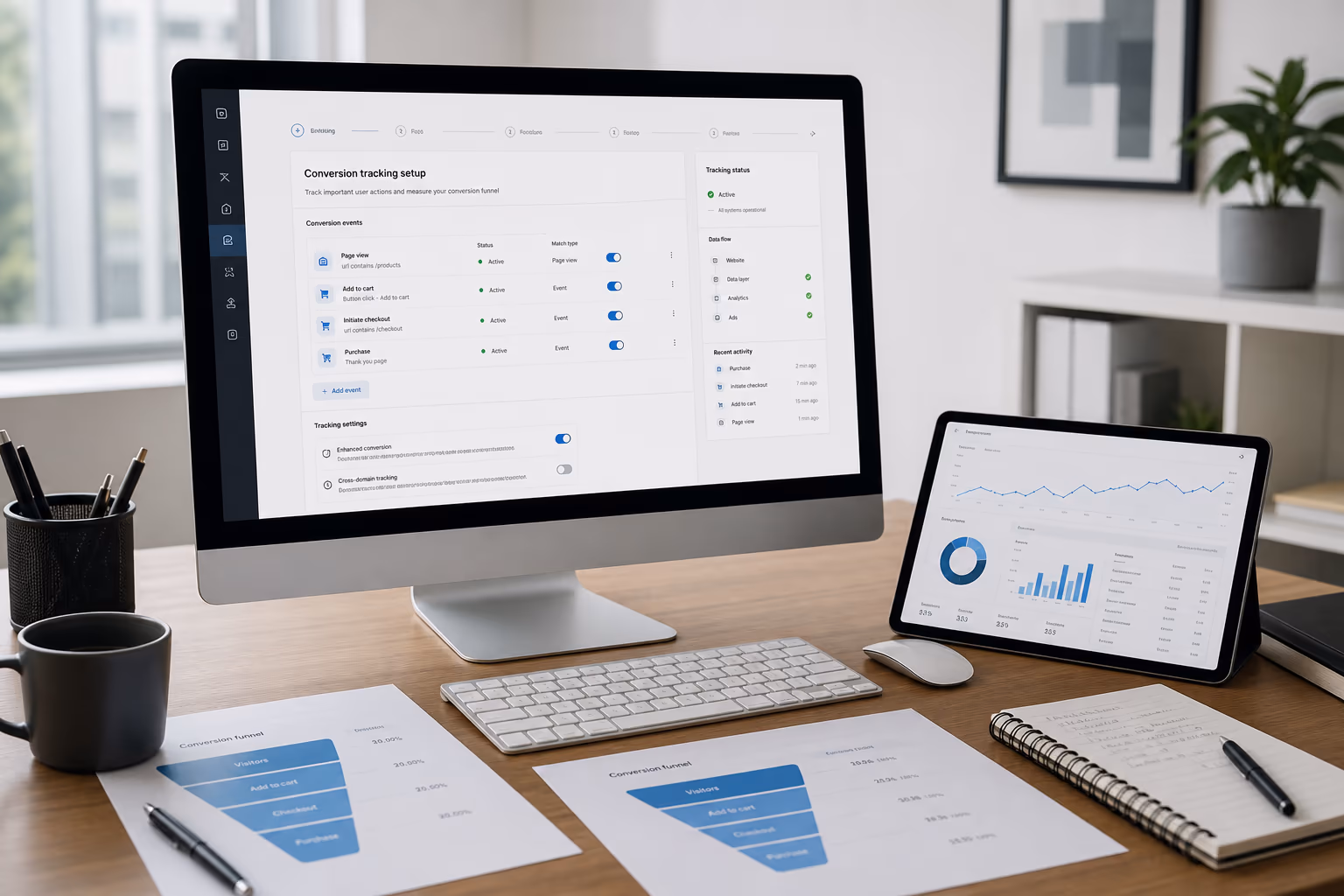 Workspace with conversion tracking setup and analytics charts