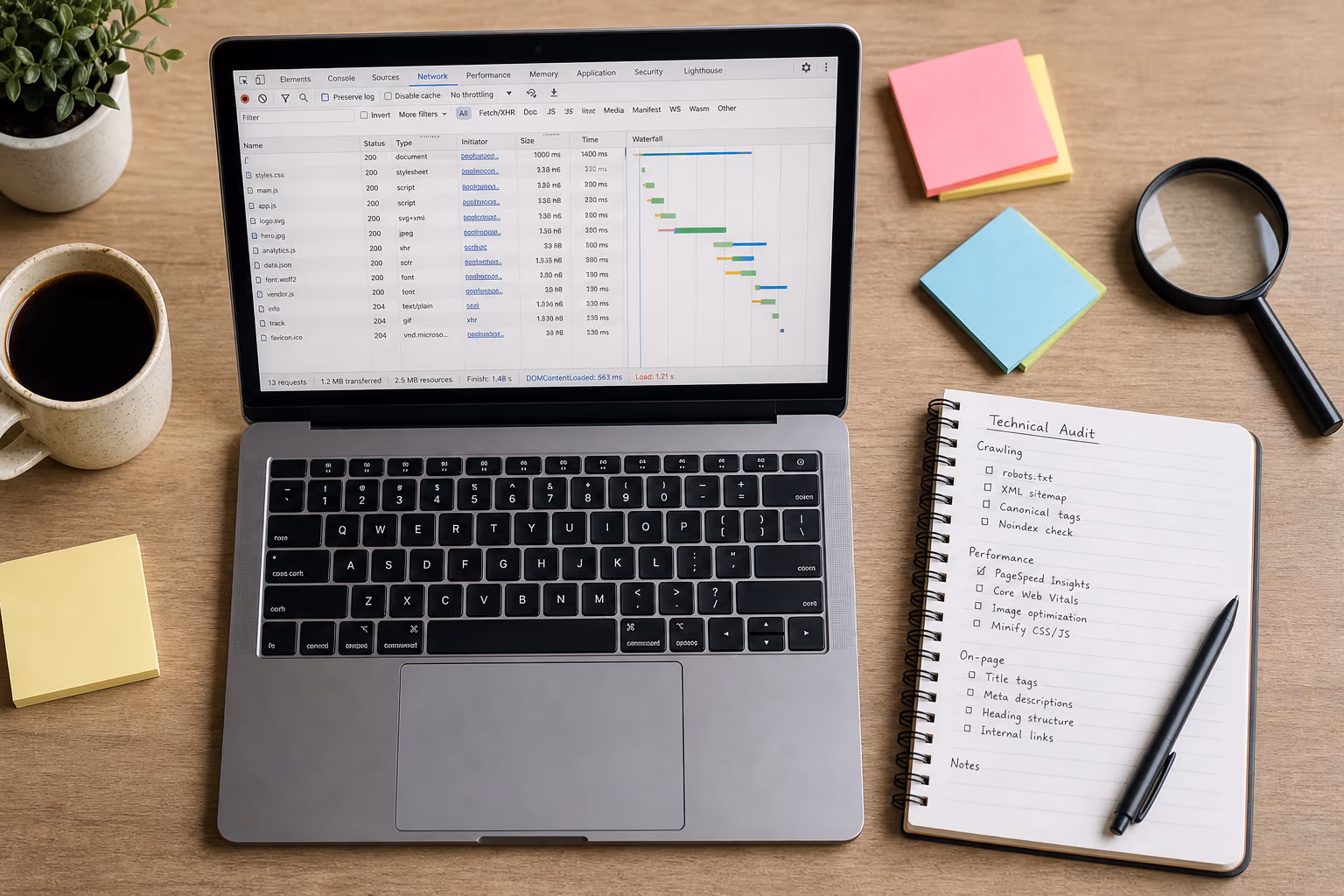 Desk with laptop showing HAR waterfall analysis and audit checklist
