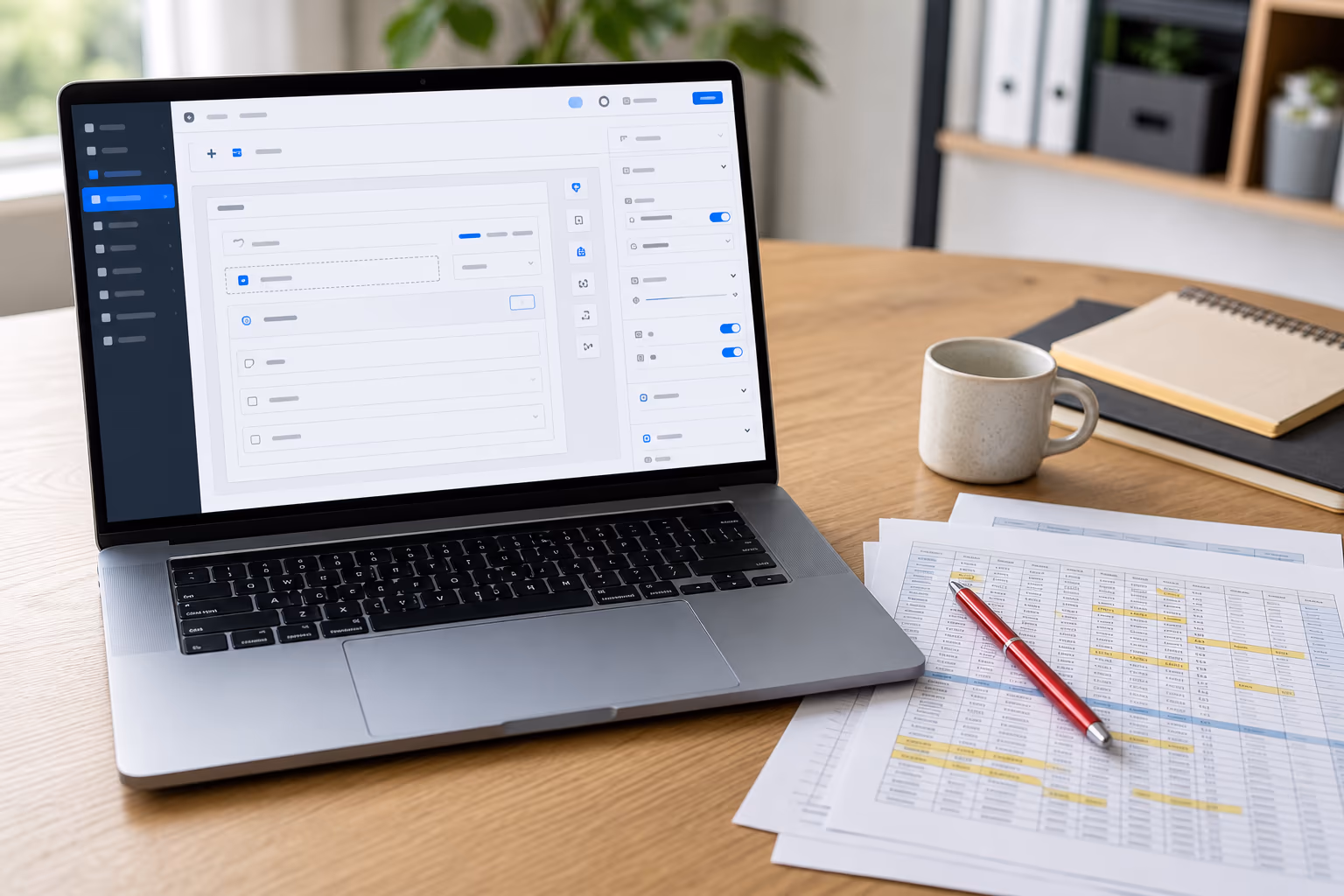 Laptop with CRM form builder and spreadsheet reports with annotations