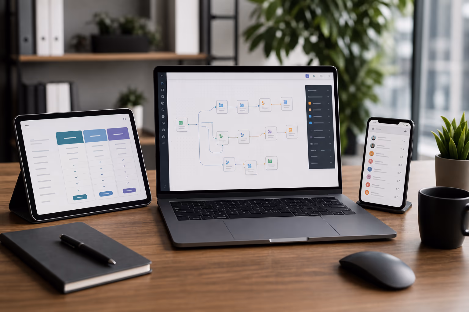 Workspace with workflow automation canvas and pricing table
